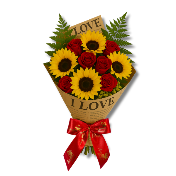 Buqu com Girassis e Rosas Vermelhas Premium