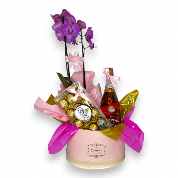 Box Luxo de Espumante Casa Pirini Grande com Orqudea e Chocolates