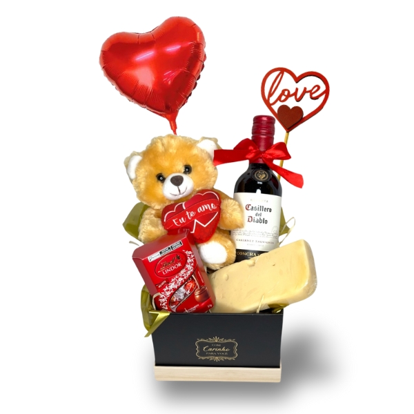 Box Luxo de Vinho Pequena com Urso e Chocolates