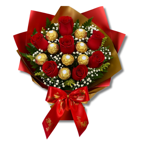 Buqu Amor e Sabor 7 Rosas Premium e Ferrero Rocher