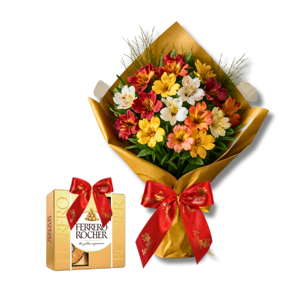 Buqu de Astromlias da Primavera com Ferrero Rocher	