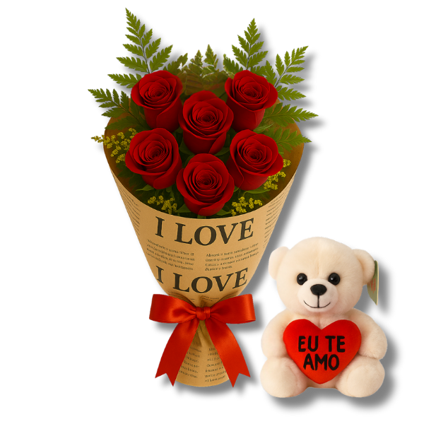 Buqu Premium de Rosas Vermelhas com Urso de Pelcia	