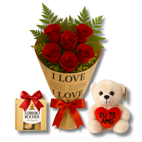 Buqu Premium de Rosas Vermelhas com Urso de Pelcia e Ferrero Rocher	