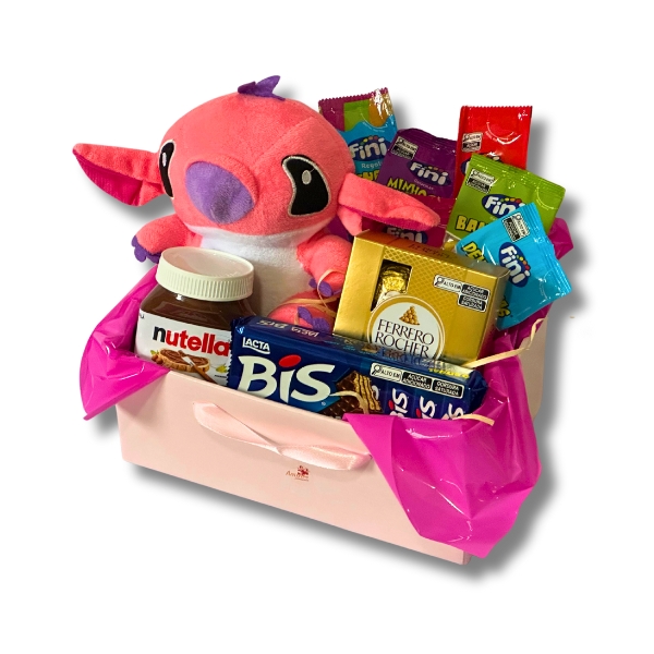 Cesta Ohana Rosa com Angel (Stitch) de pelcia