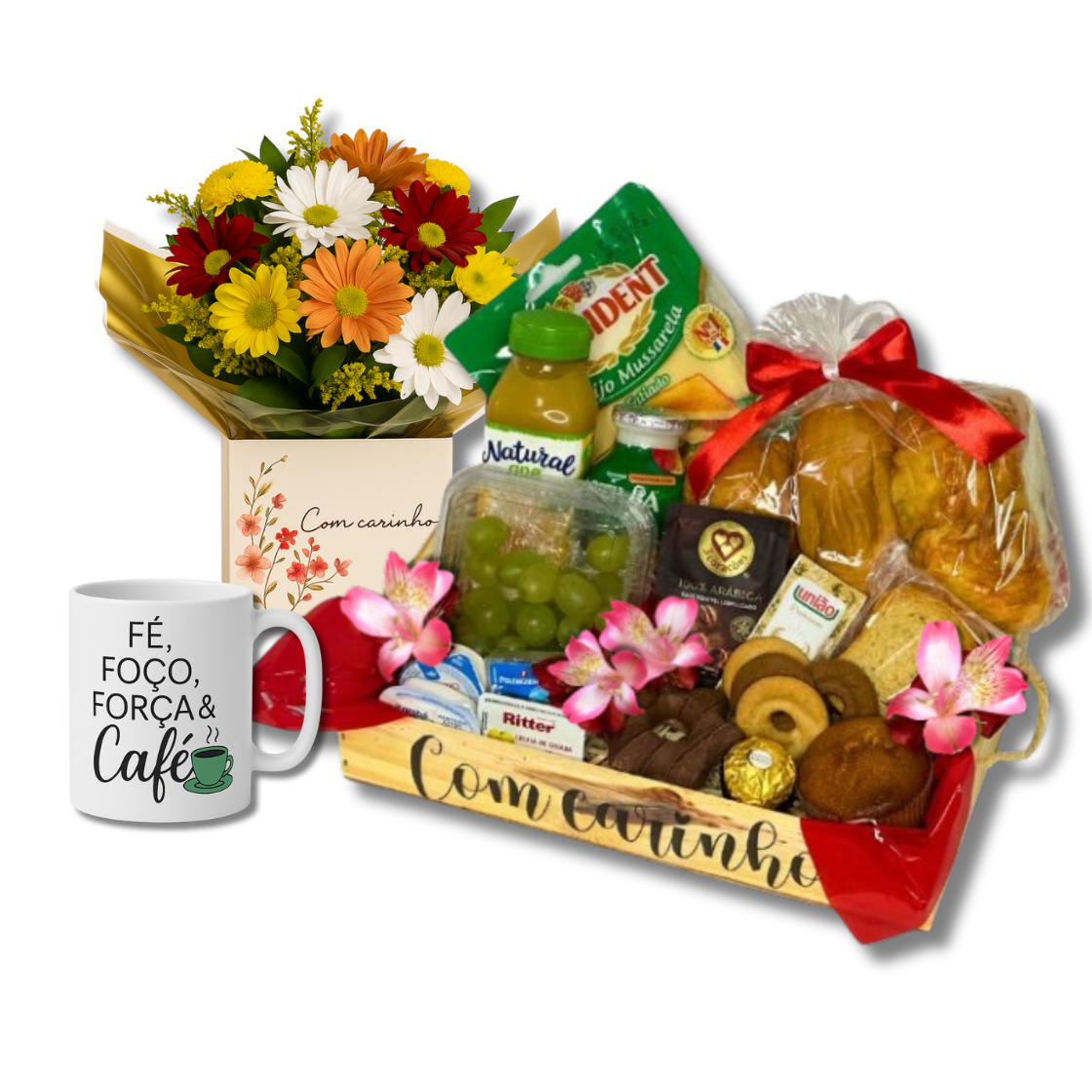Cesta Gourmet Delcia de Caf com Arranjo Floral e Caneca
